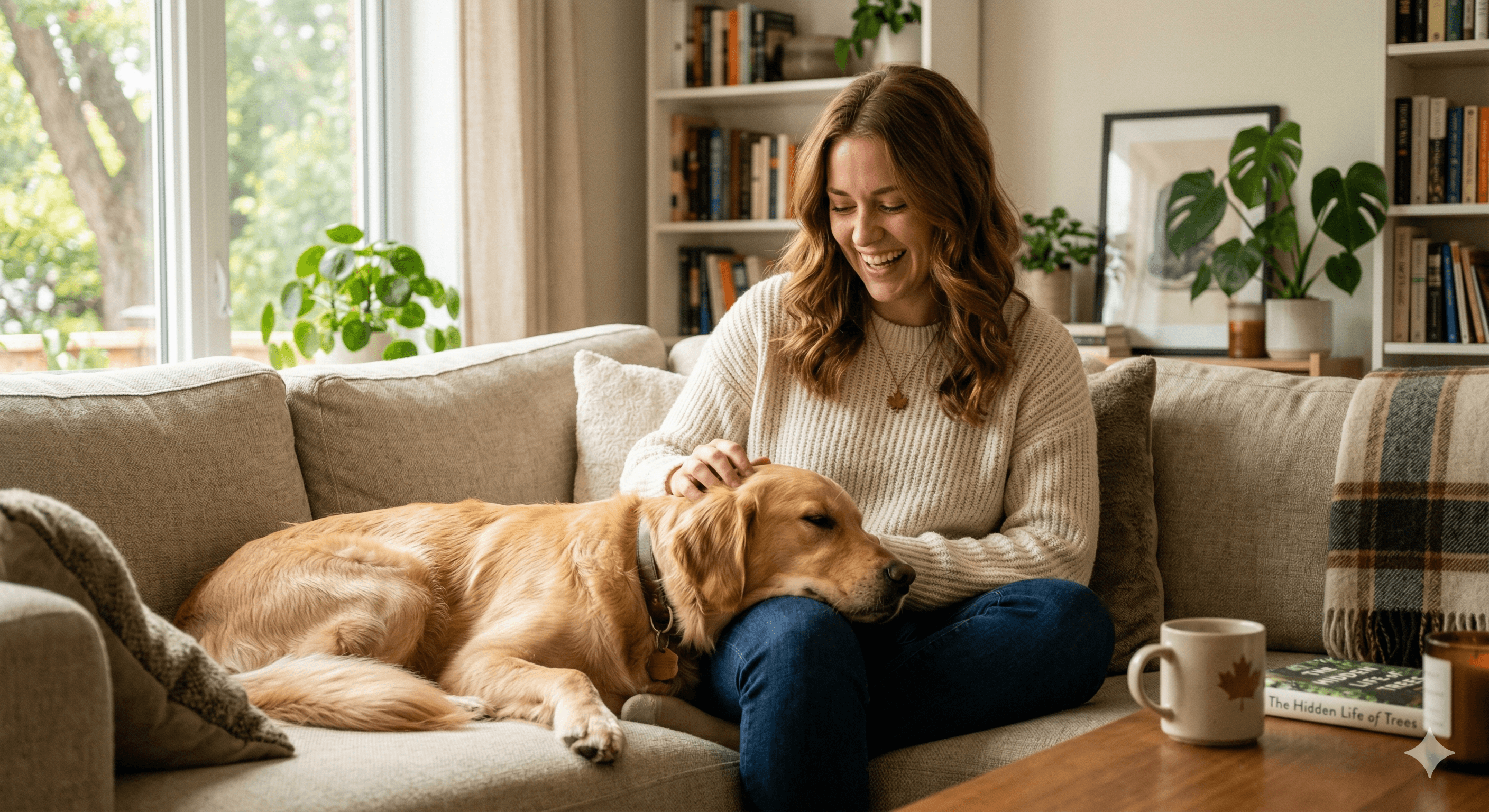 Woman relaxing at home with her golden retriever